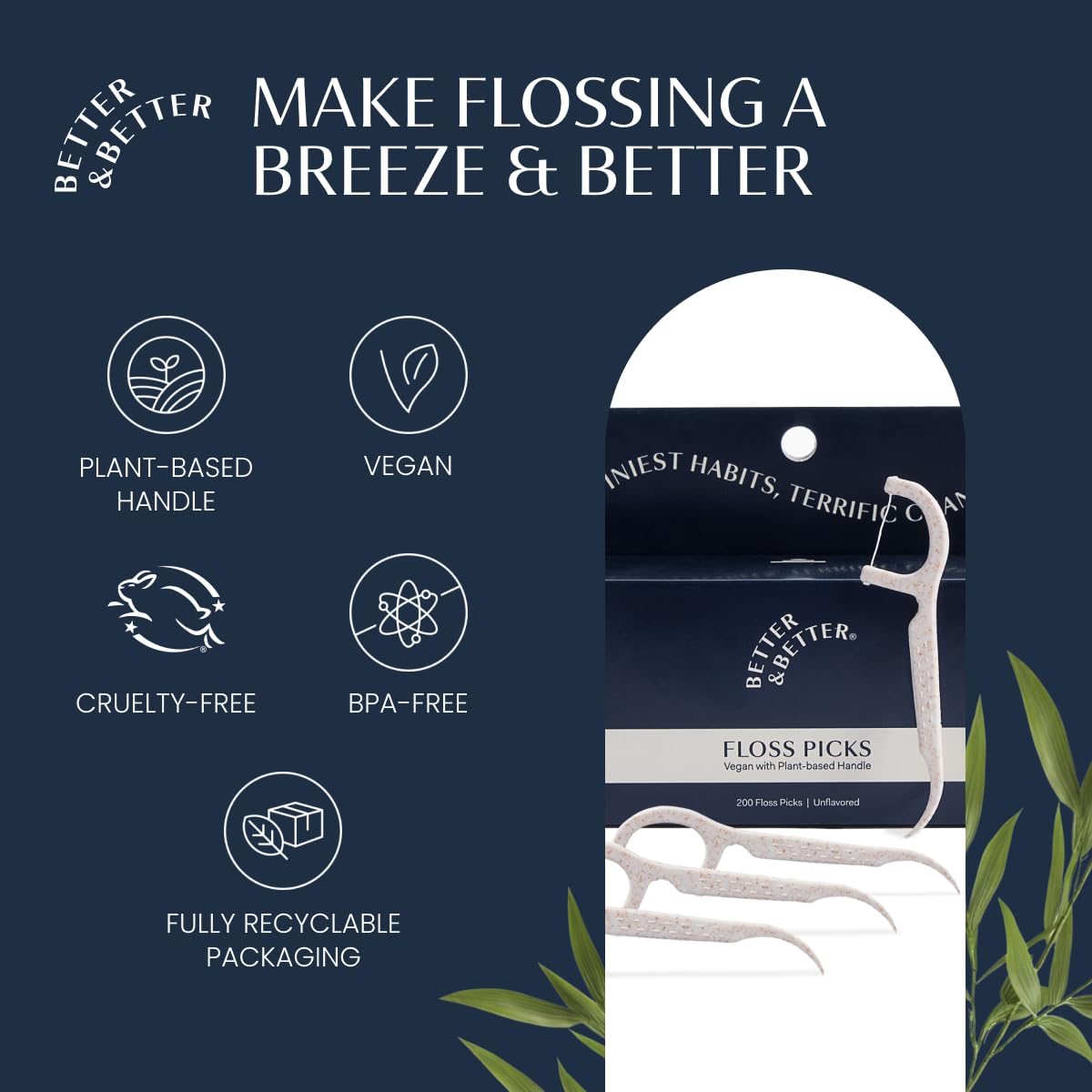 Better & Better Floss Picks (Box of 200) - Vegan, Gluten-Free, BPA-Free | Biodegradable Plant-Based Handles