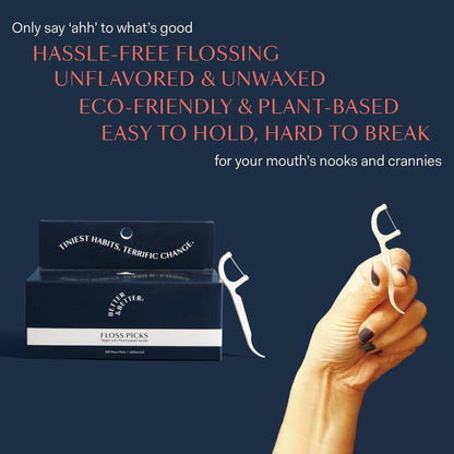 Better & Better Floss Picks (Box of 200) - Vegan, Gluten-Free, BPA-Free | Biodegradable Plant-Based Handles
