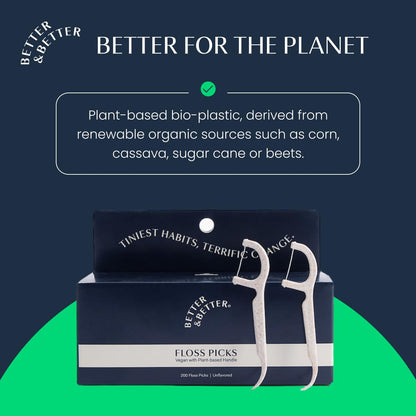 Better & Better Floss Picks (Box of 200) - Vegan, Gluten-Free, BPA-Free | Biodegradable Plant-Based Handles