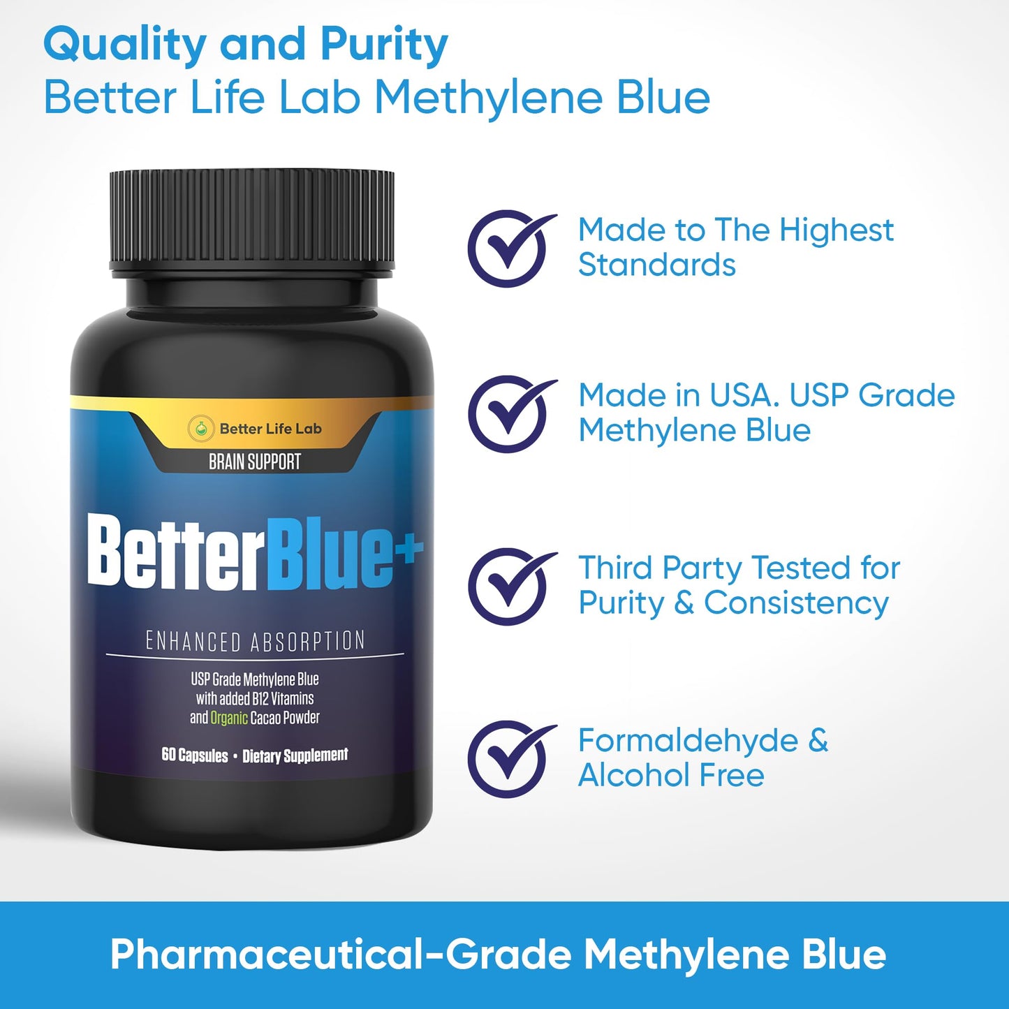 BETTER LIFE LAB Methylene Blue Capsules – Pharmaceutical-Grade Formula – 60 Count – Brain, Energy & Cellular Health