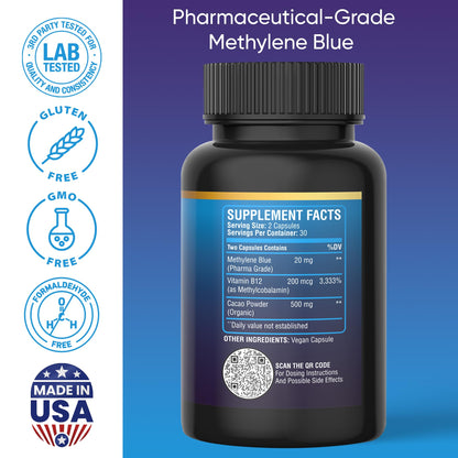 BETTER LIFE LAB Methylene Blue Capsules – Pharmaceutical-Grade Formula – 60 Count – Brain, Energy & Cellular Health