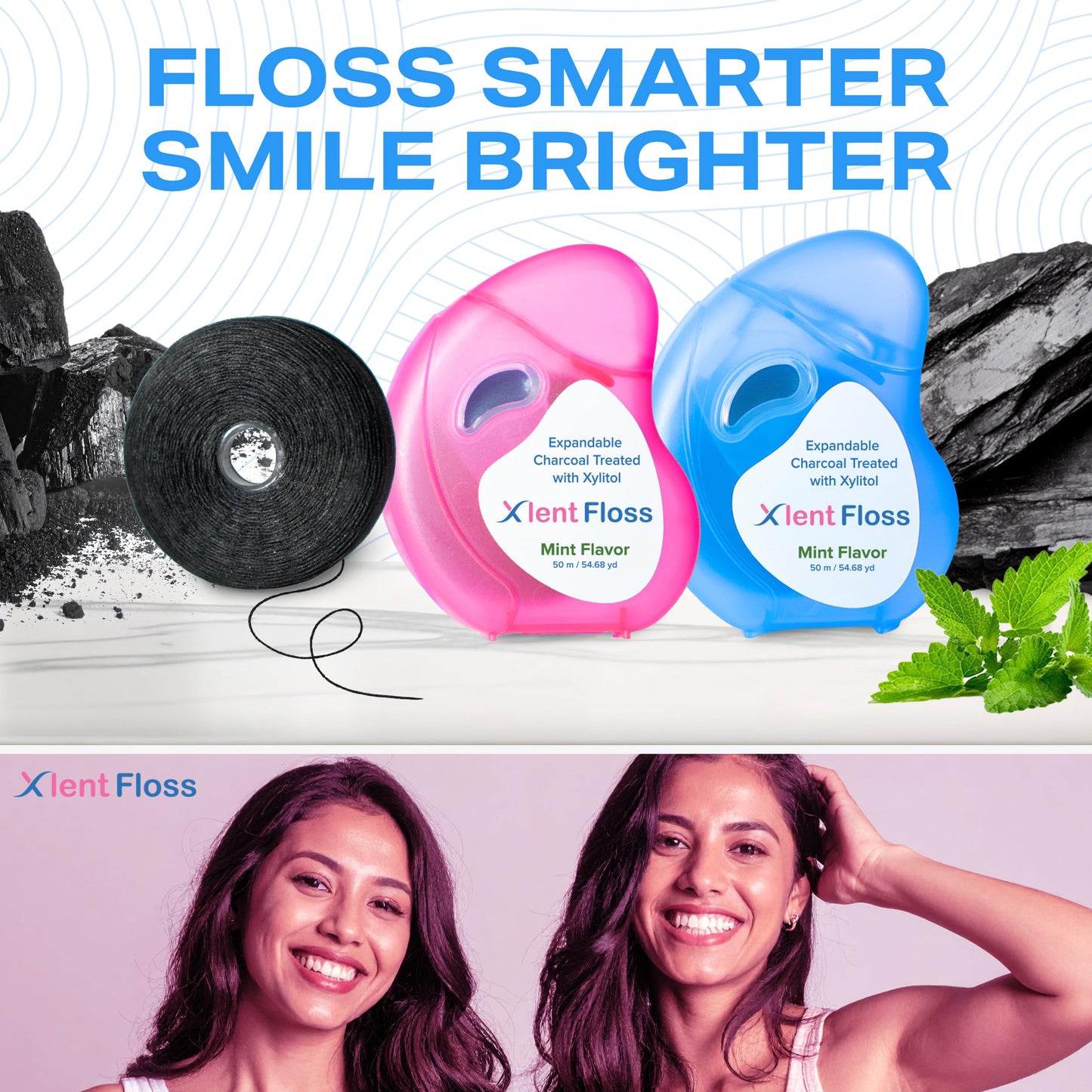 Expandable Charcoal Dental Floss with Xylitol & Mint – PFAS/PTFE Free | Pack of 2 (50 m each)