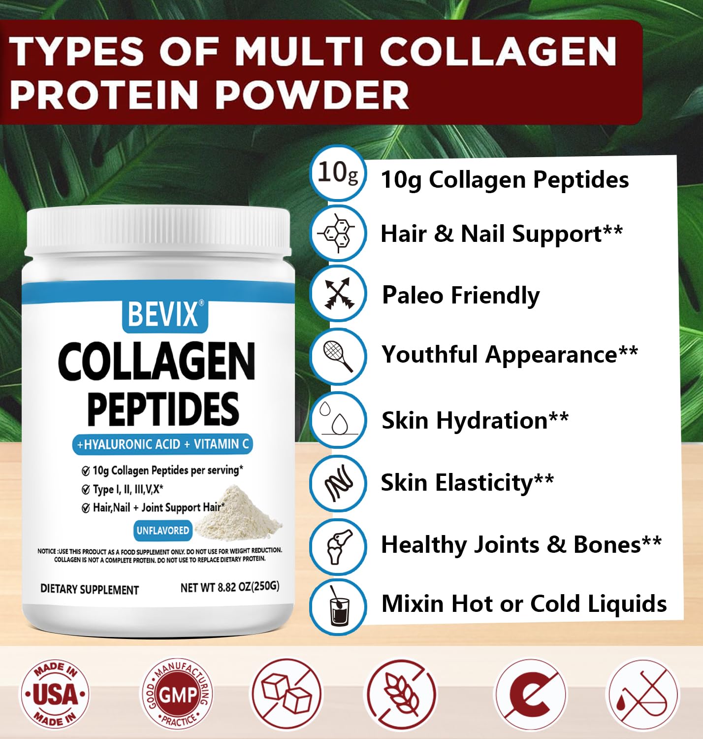 BEVIX Collagen Peptides Powder Advanced I-X – Hydrolyzed Collagen, Vitamin C, Hyaluronic Acid | 8.82oz Unflavored