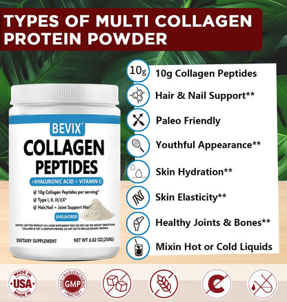 BEVIX Collagen Peptides Powder Advanced I-X – Hydrolyzed Collagen, Vitamin C, Hyaluronic Acid | 8.82oz Unflavored