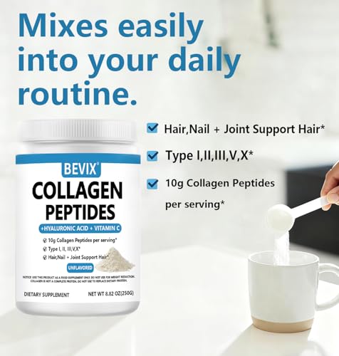 BEVIX Collagen Peptides Powder Advanced I-X – Hydrolyzed Collagen, Vitamin C, Hyaluronic Acid | 8.82oz Unflavored