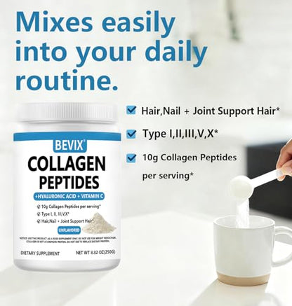 BEVIX Collagen Peptides Powder Advanced I-X – Hydrolyzed Collagen, Vitamin C, Hyaluronic Acid | 8.82oz Unflavored