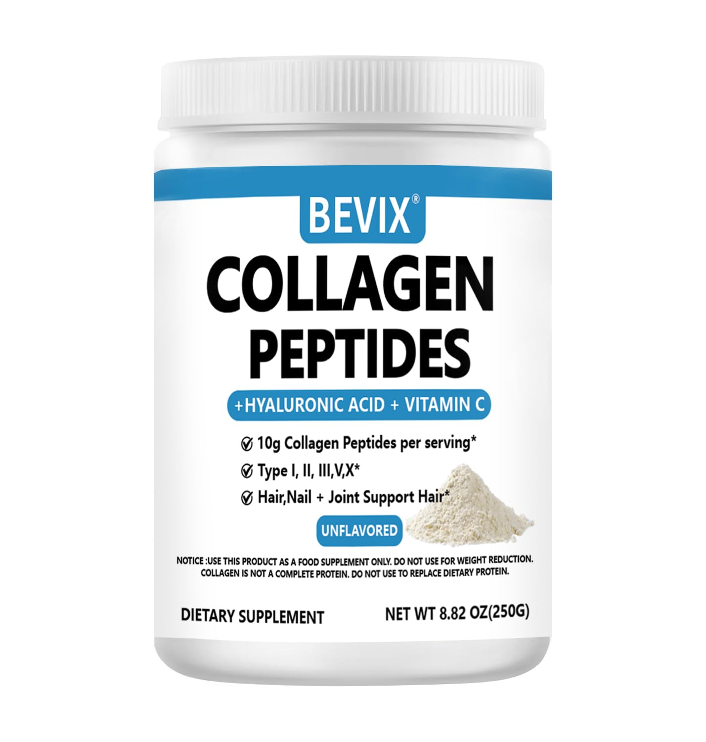 BEVIX Collagen Peptides Powder Advanced I-X – Hydrolyzed Collagen, Vitamin C, Hyaluronic Acid | 8.82oz Unflavored