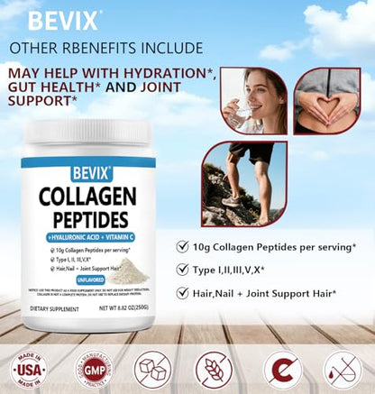 BEVIX Collagen Peptides Powder Advanced I-X – Hydrolyzed Collagen, Vitamin C, Hyaluronic Acid | 8.82oz Unflavored
