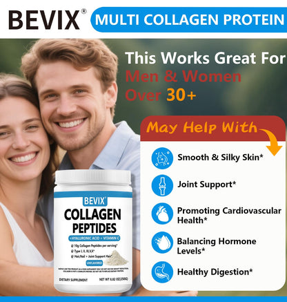 BEVIX Collagen Peptides Powder Advanced I-X – Hydrolyzed Collagen, Vitamin C, Hyaluronic Acid | 8.82oz Unflavored