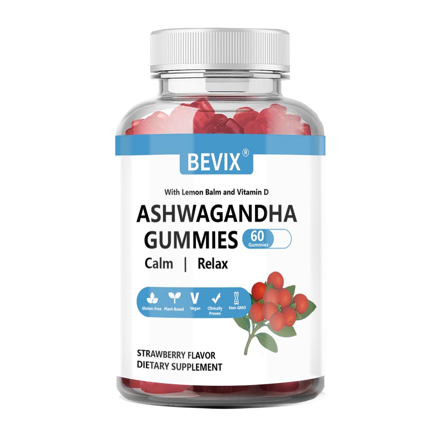 BEVIX Ashwagandha Gummies with Vitamin D - Gluten Free Stress Relief & Immune Support | 60 Count