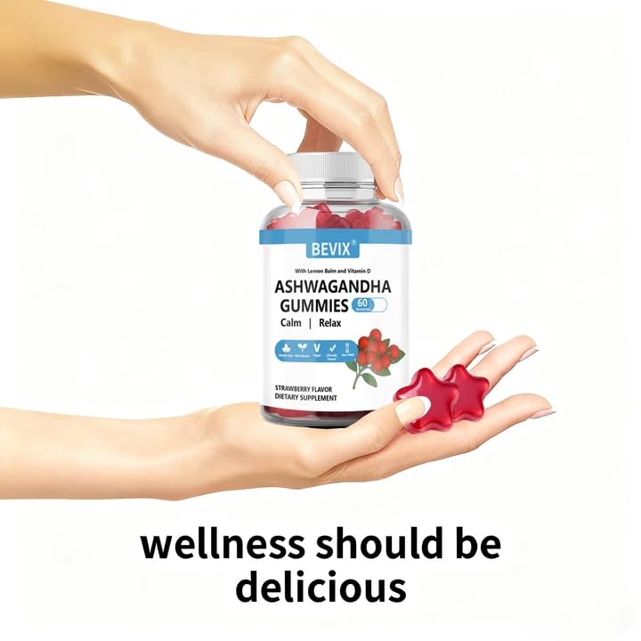 BEVIX Ashwagandha Gummies with Vitamin D - Gluten Free Stress Relief & Immune Support | 60 Count