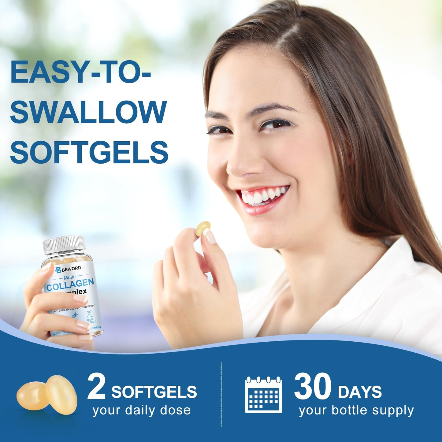 BEWORD Multi Collagen Softgels – Type I-X, Vitamin C & Hyaluronic Acid, 60 Capsules