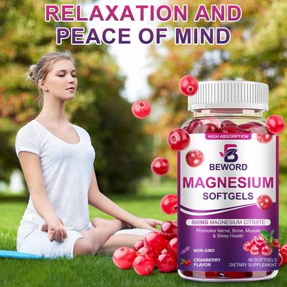 BEWORD Magnesium Citrate Softgels 500mg | 90 Capsules – Calm Sleep & Muscle & Bone Health