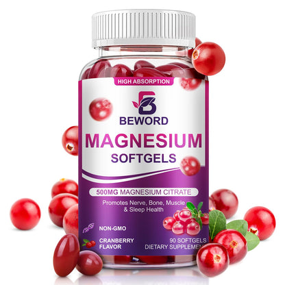 BEWORD Magnesium Citrate Softgels 500mg | 90 Capsules – Calm Sleep & Muscle & Bone Health
