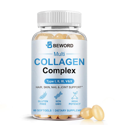 BEWORD Multi Collagen Softgels – Type I-X, Vitamin C & Hyaluronic Acid, 60 Capsules