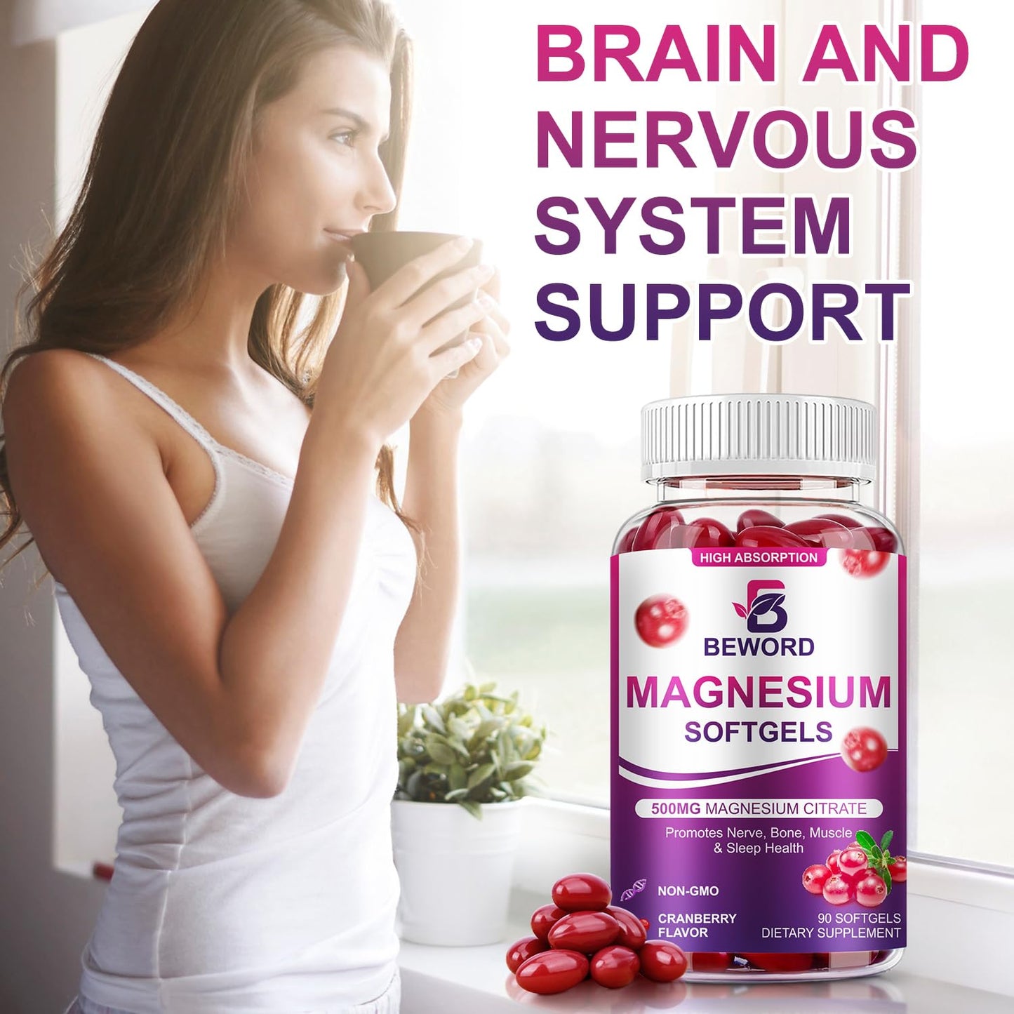 BEWORD Magnesium Citrate Softgels 500mg | 90 Capsules – Calm Sleep & Muscle & Bone Health