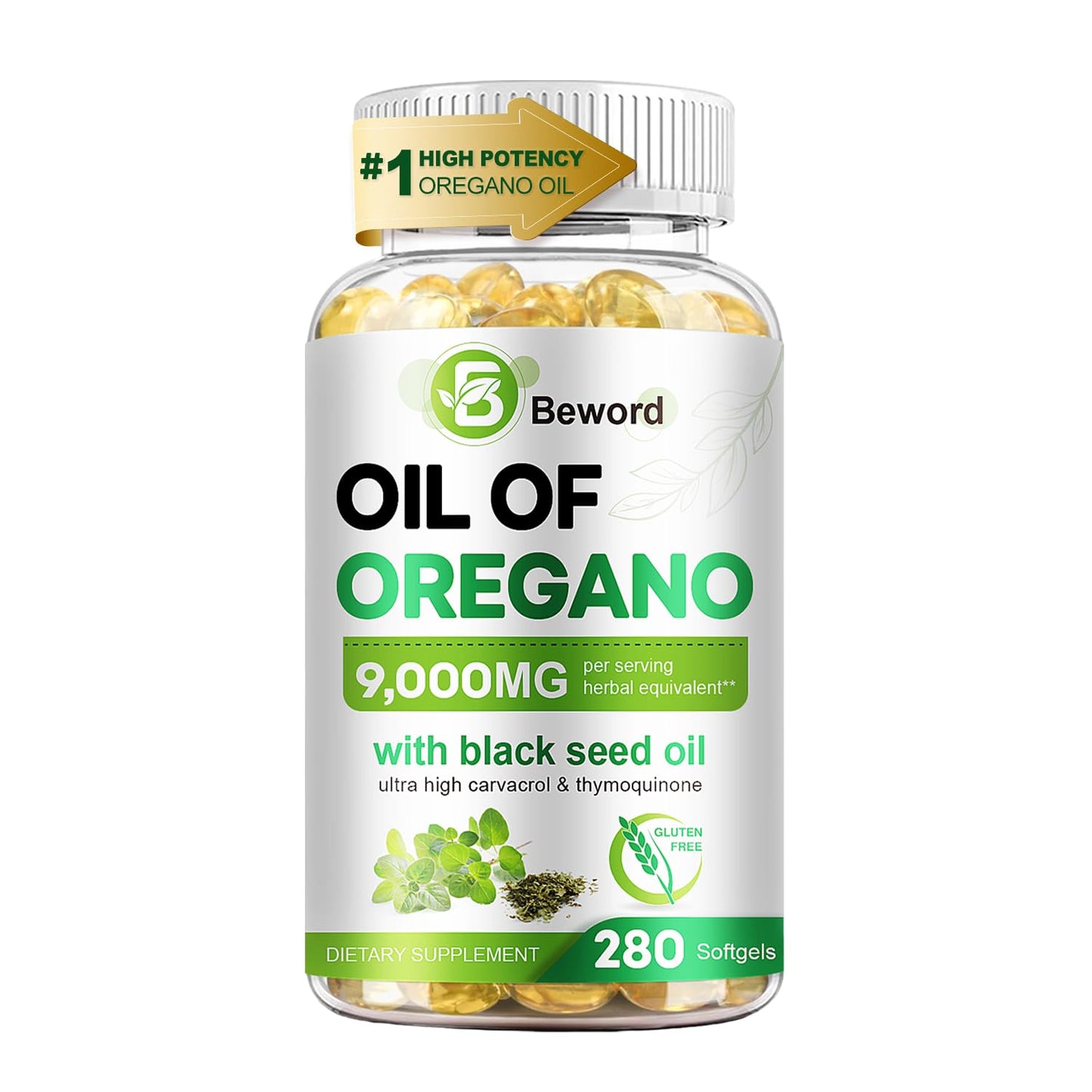 BEWORD Oil of Oregano with Black Seed Oil – 90/280/560/840 Softgels, 9000mg per Serving, 2-in-1 Immune Support, High Carvacrol & Thymoquinone | Plant-Based, Non-GMO