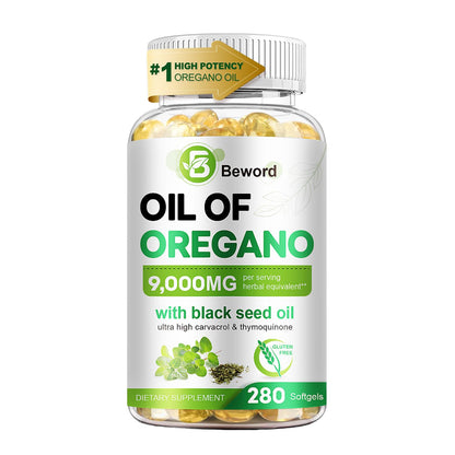 BEWORD Oil of Oregano with Black Seed Oil – 90/280/560/840 Softgels, 9000mg per Serving, 2-in-1 Immune Support, High Carvacrol & Thymoquinone | Plant-Based, Non-GMO