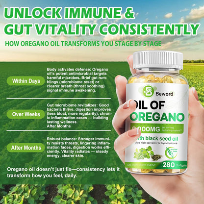 BEWORD Oil of Oregano with Black Seed Oil – 90/280/560/840 Softgels, 9000mg per Serving, 2-in-1 Immune Support, High Carvacrol & Thymoquinone | Plant-Based, Non-GMO