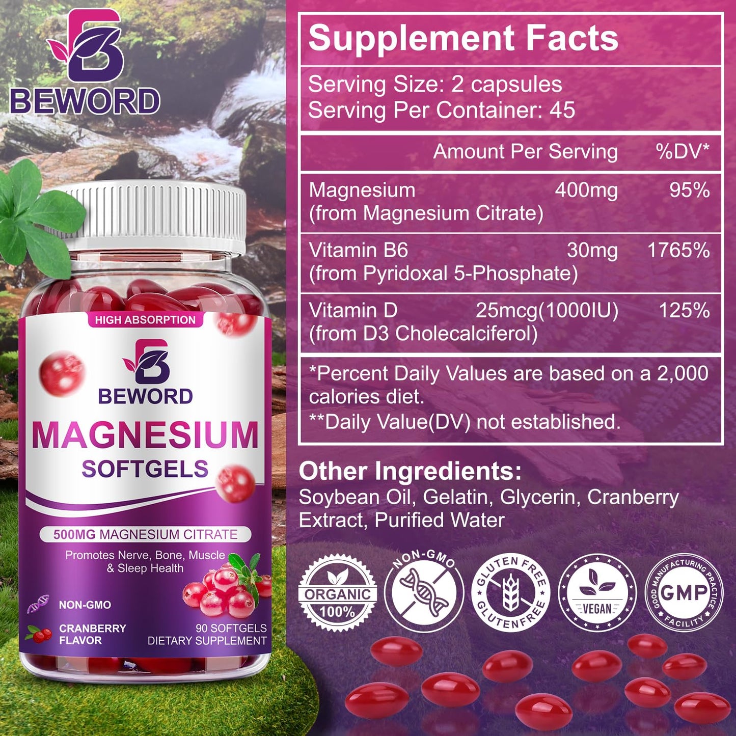BEWORD Magnesium Citrate Softgels 500mg | 90 Capsules – Calm Sleep & Muscle & Bone Health