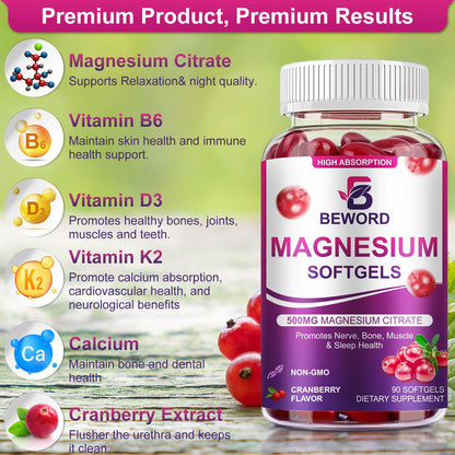 BEWORD Magnesium Citrate Softgels 500mg | 90 Capsules – Calm Sleep & Muscle & Bone Health