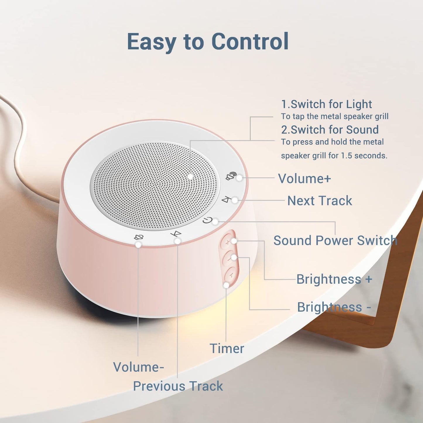 BGOVERSS White Noise Sound Machine with 20 Sounds, 10 Night Light Colors, 5 Timers & Memory – Pink