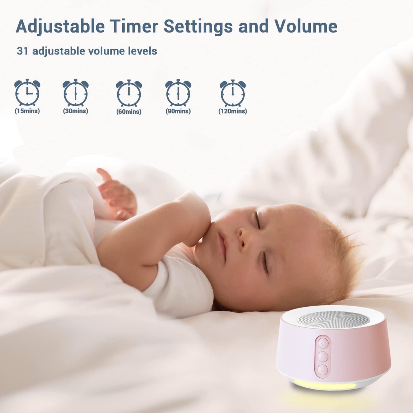 BGOVERSS White Noise Sound Machine with 20 Sounds, 10 Night Light Colors, 5 Timers & Memory – Pink