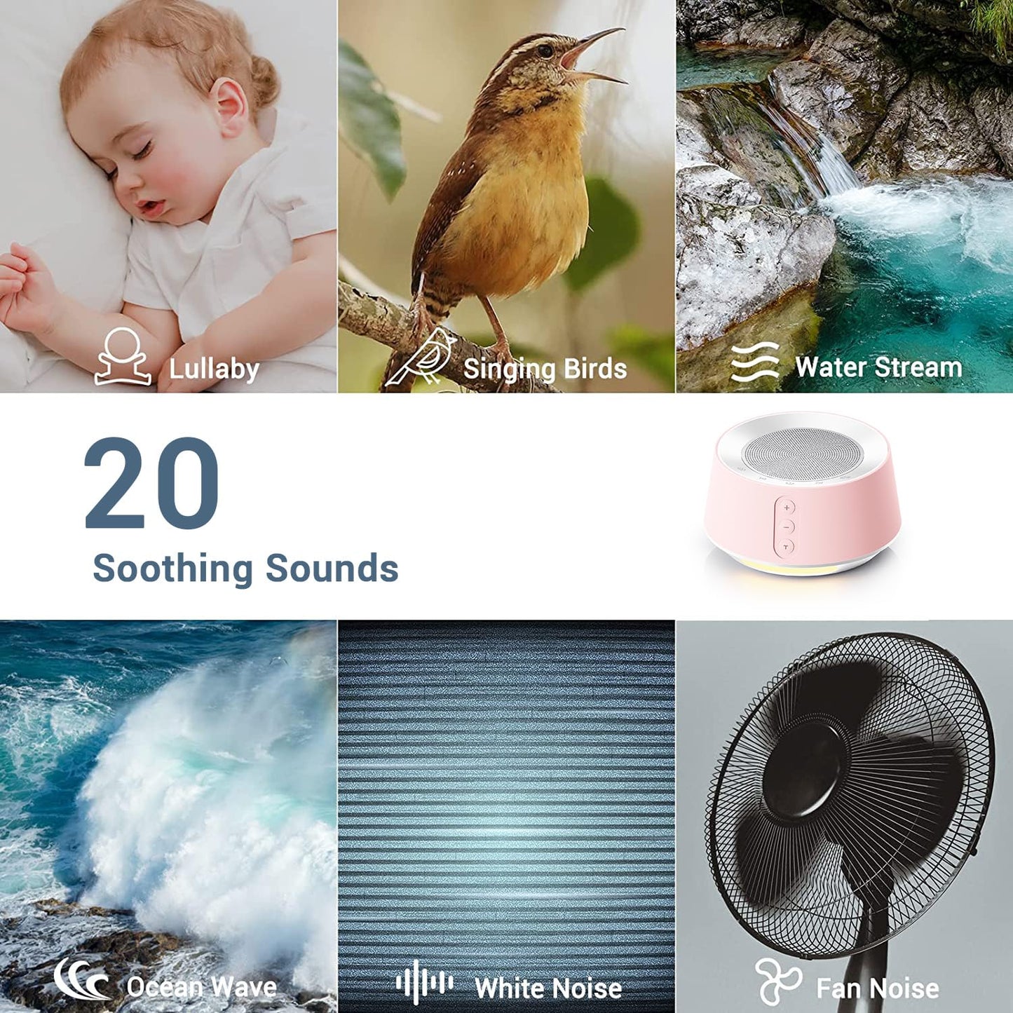 BGOVERSS White Noise Sound Machine with 20 Sounds, 10 Night Light Colors, 5 Timers & Memory – Pink