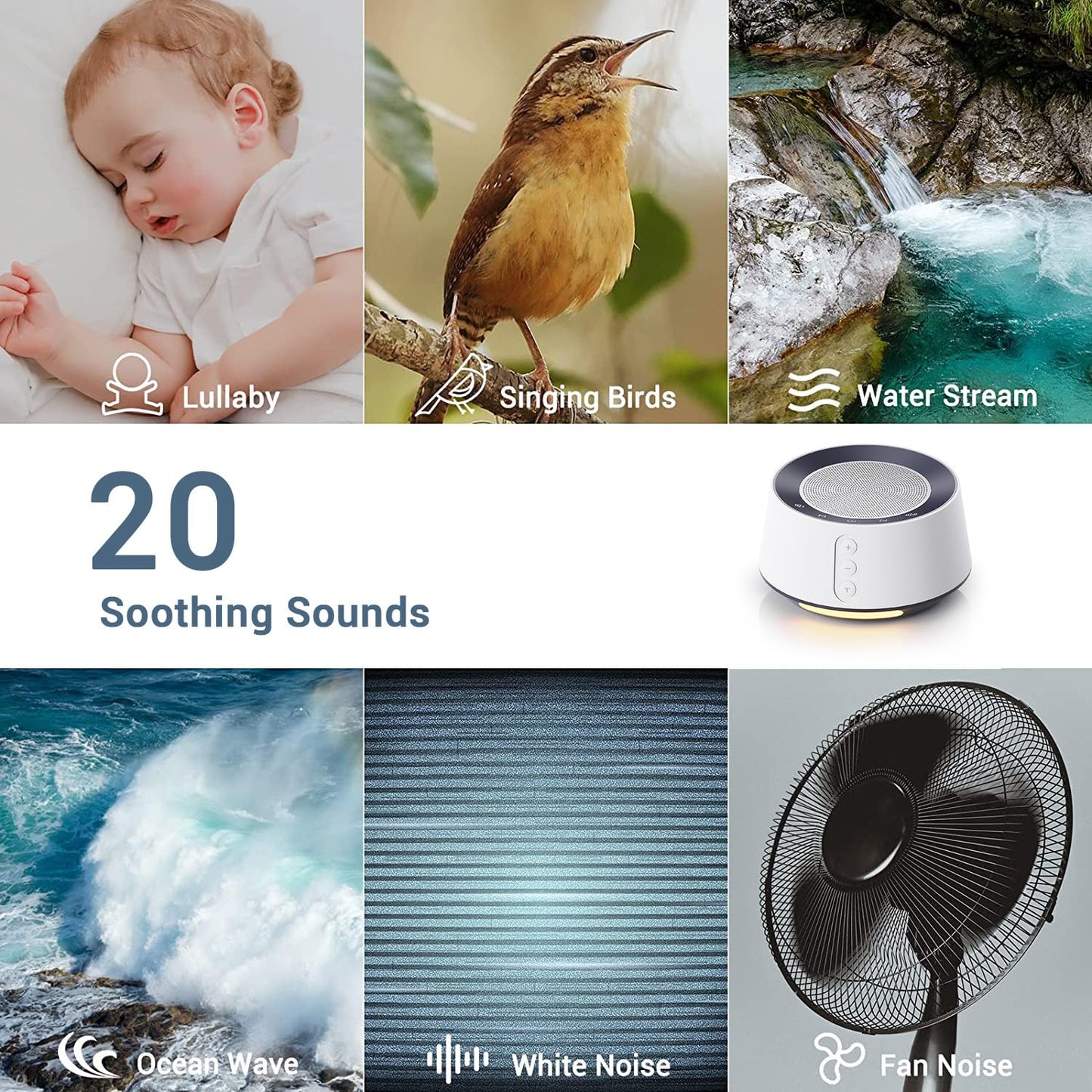 BGOVERSS White Noise Sound Machine – 20 Sounds, 10 Night Light Colors, 5 Timers & Memory