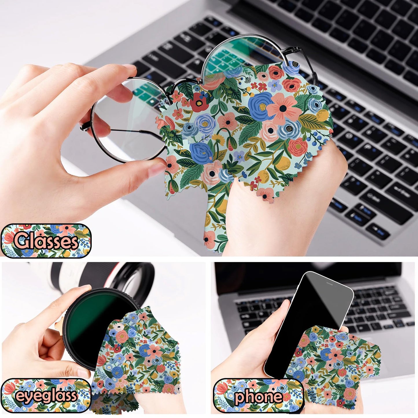 BHAHB 6-Pack Glasses Cleaning Cloths - Microfiber Lens Cloths 6.3x6.3 Inches - Floral Patterns