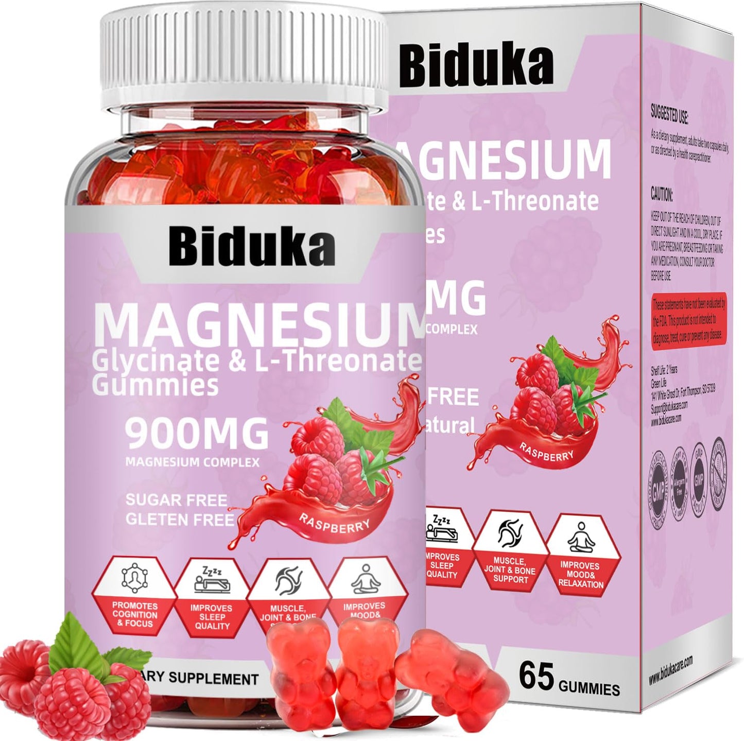 Biduka 900mg Magnesium Complex 65 Raspberry Gummies, Sugar Free Magnesium Glycinate & L-Threonate Potassium Supplement with Vitamin D, B6, CoQ10 for Relaxation