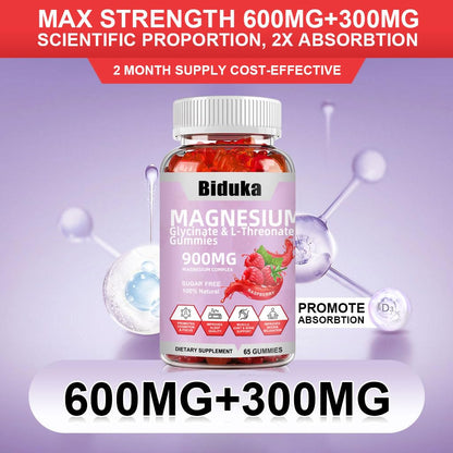 Biduka 900mg Magnesium Complex 65 Raspberry Gummies, Sugar Free Magnesium Glycinate & L-Threonate Potassium Supplement with Vitamin D, B6, CoQ10 for Relaxation