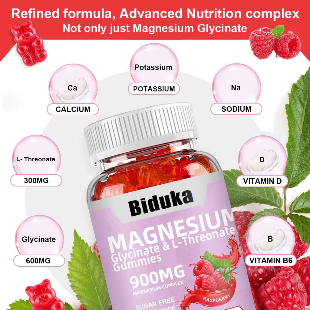 Biduka 900mg Magnesium Complex 65 Raspberry Gummies, Sugar Free Magnesium Glycinate & L-Threonate Potassium Supplement with Vitamin D, B6, CoQ10 for Relaxation