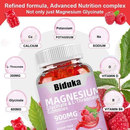 Biduka 900mg Magnesium Complex 65 Raspberry Gummies, Sugar Free Magnesium Glycinate & L-Threonate Potassium Supplement with Vitamin D, B6, CoQ10 for Relaxation