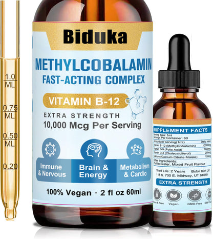 Biduka 10,000mcg Vitamin B12 Sublingual Drops – D3, B9, Calcium for Energy & Immunity