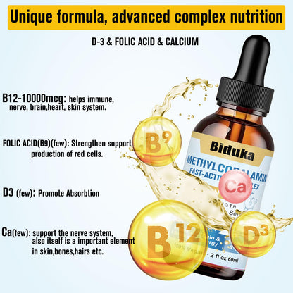 Biduka 10,000mcg Vitamin B12 Sublingual Drops – D3, B9, Calcium for Energy & Immunity