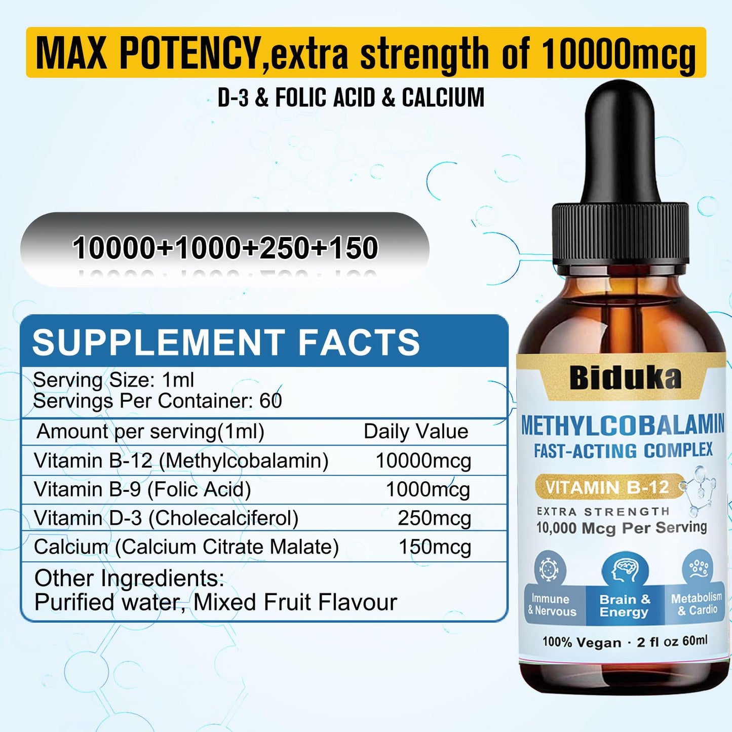 Biduka 10,000mcg Vitamin B12 Sublingual Drops – D3, B9, Calcium for Energy & Immunity