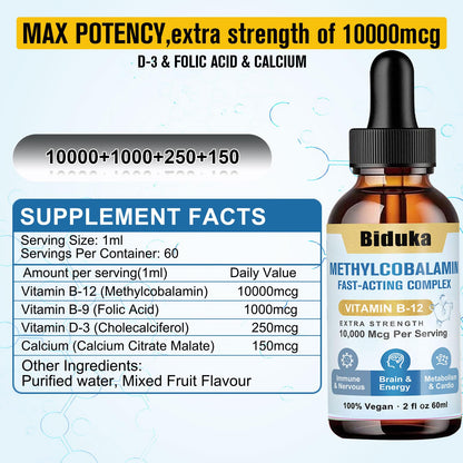 Biduka 10,000mcg Vitamin B12 Sublingual Drops – D3, B9, Calcium for Energy & Immunity