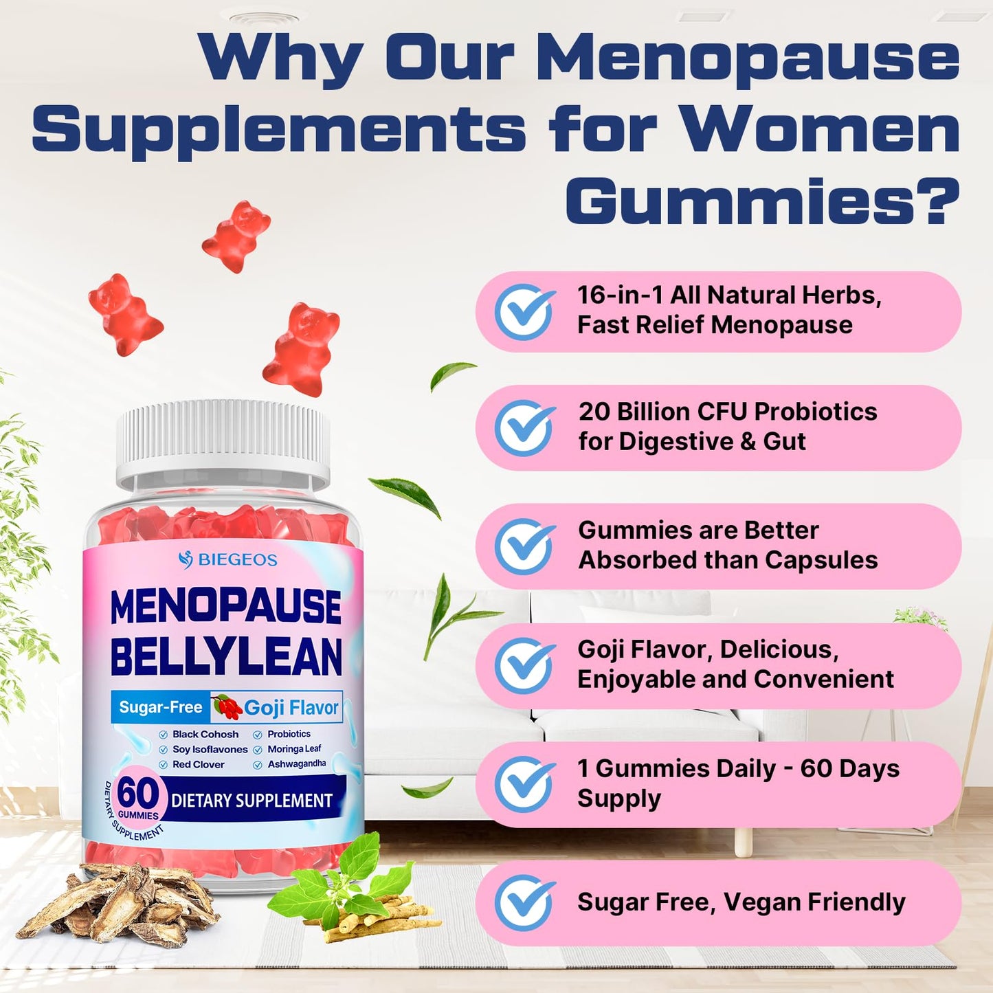 Biegeos Menopause Gummies 16-in-1 Probiotic – Sugar-Free, 60 Gummies, Vegan