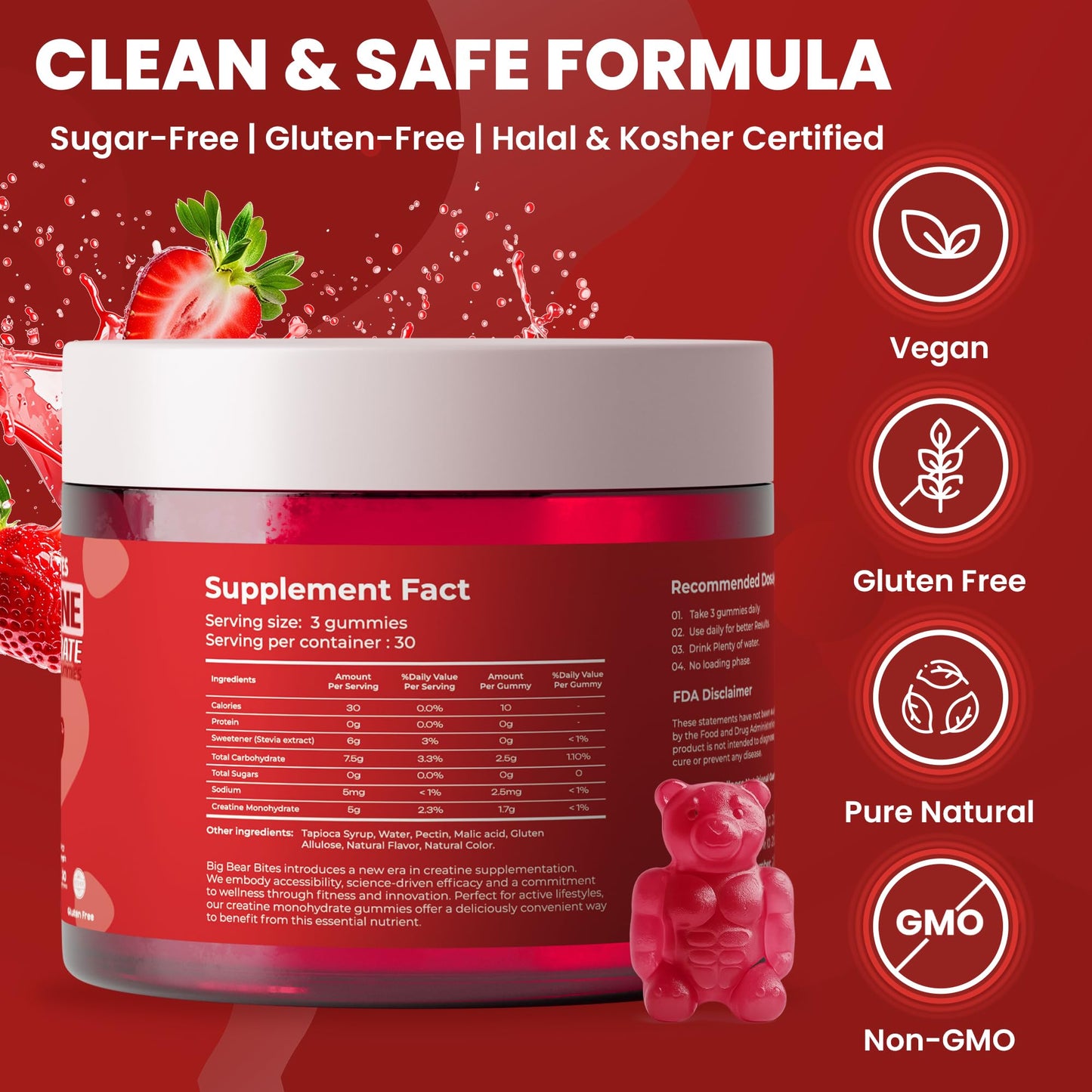 Big Bear Bites Creatine Monohydrate Gummies – 5000mg per Serving – Sugar Free, Gluten Free & Halal – 90 Gummies – Strawberry Flavor