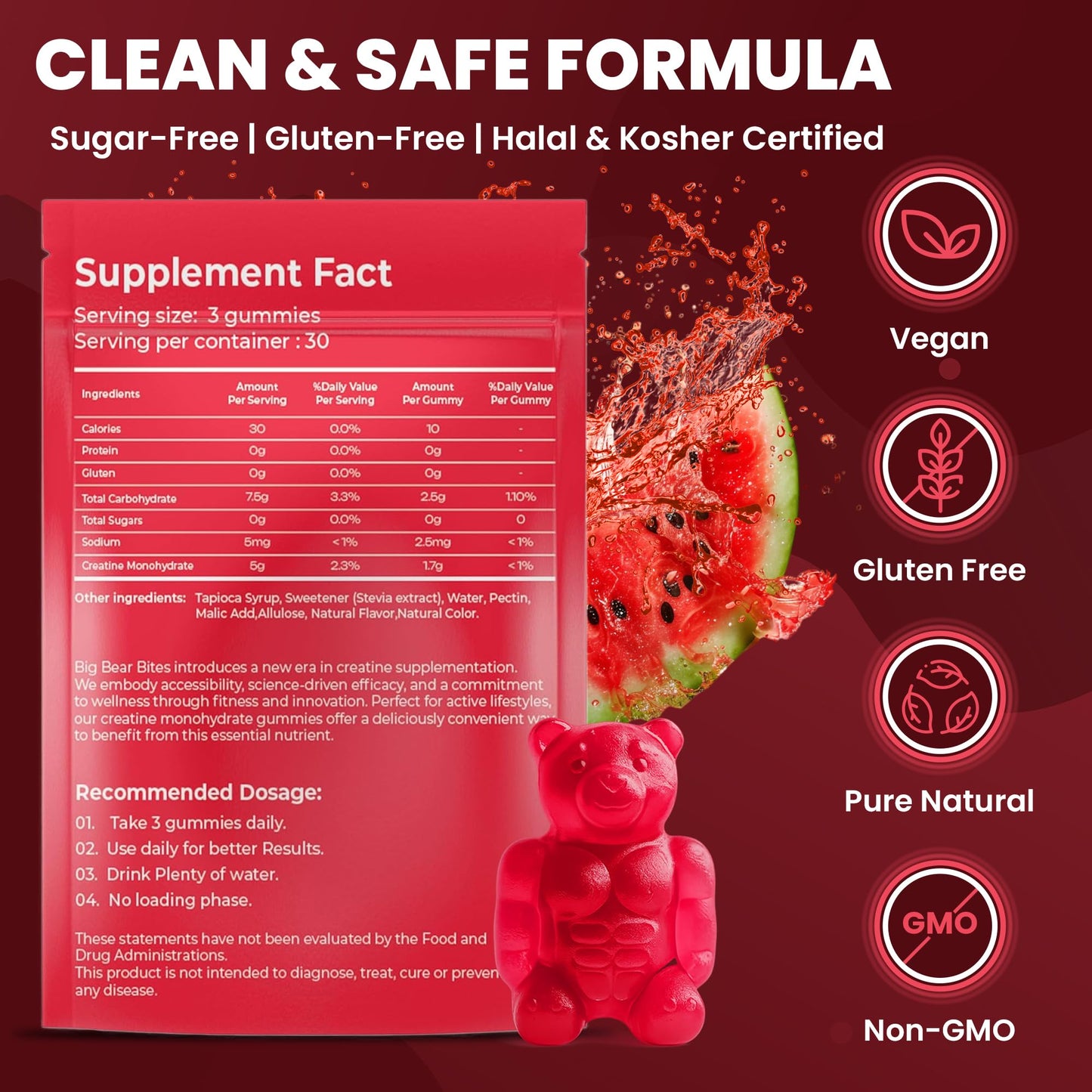 Big Bear Bites Creatine Monohydrate Gummies – Watermelon, 5000mg/Serving | 90 Gummies | Sugar & Gluten Free | Halal