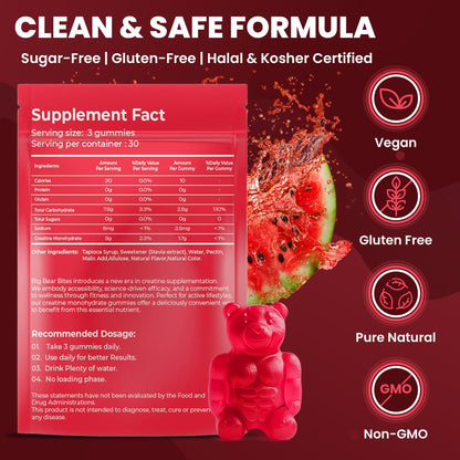 Big Bear Bites Creatine Monohydrate Gummies – Watermelon, 5000mg/Serving | 90 Gummies | Sugar & Gluten Free | Halal