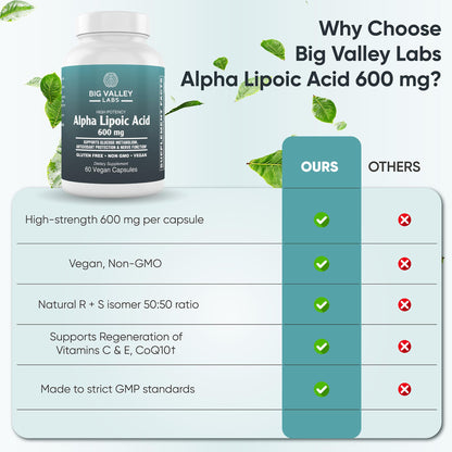 Big Valley Labs Alpha-Lipoic Acid 600 mg – High-Potency Antioxidant for Cellular Health & Energy Metabolism – Vegan, Non-GMO, Gluten-Free | 60 Capsules