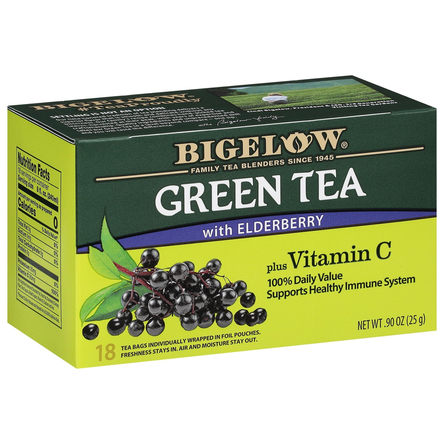Bigelow Tea Green Tea Elderberry plus Vitamin C, Caffeinated, 18 Total Tea Bags (Pack of 1)