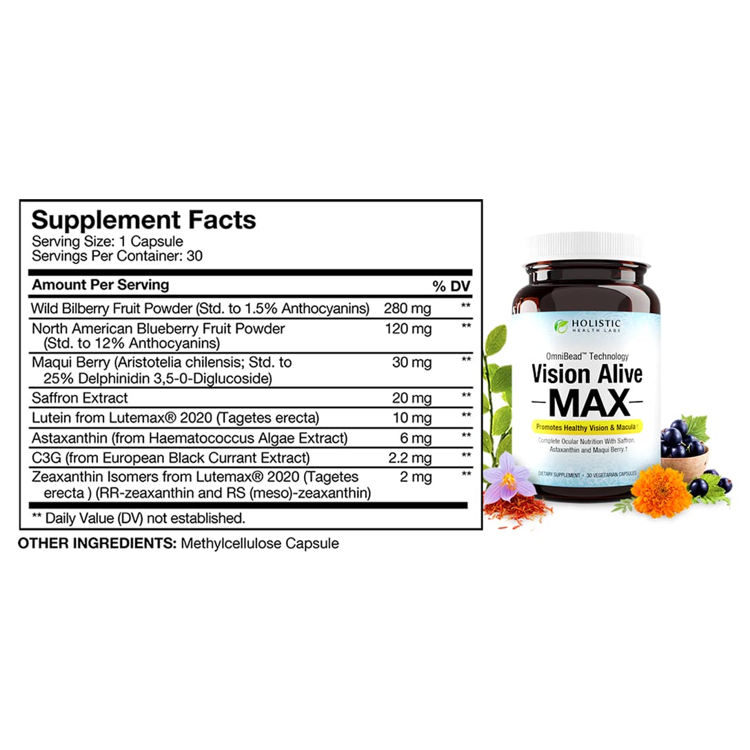 Holistic Health Labs Vision Alive Max – Eye Health Supplement with Lutemax 2020, 8 Natural Ingredients (30 Count x 2)