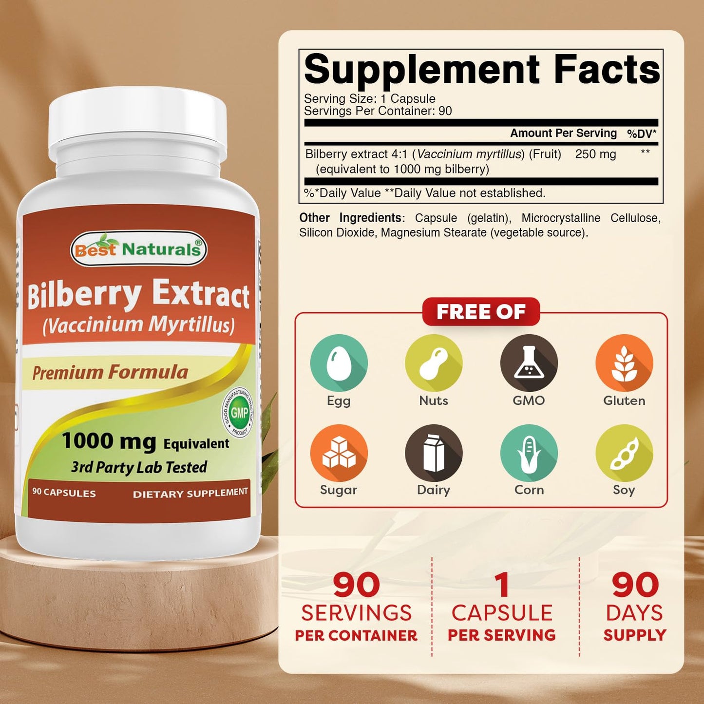 Best Naturals Bilberry Extract 1000mg Capsule (Non-GMO) Supports Healthy Vision, 90 Count
