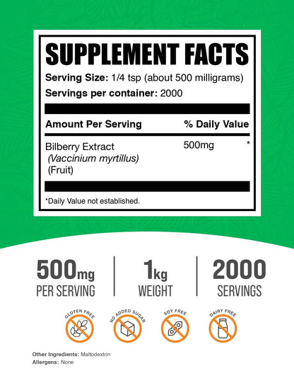 BulkSupplements Bilberry Extract Powder - 1kg, 500mg per Serving | Vegan & Gluten-Free BritishVita | Premium UK Vitamins & Wellness Supplements