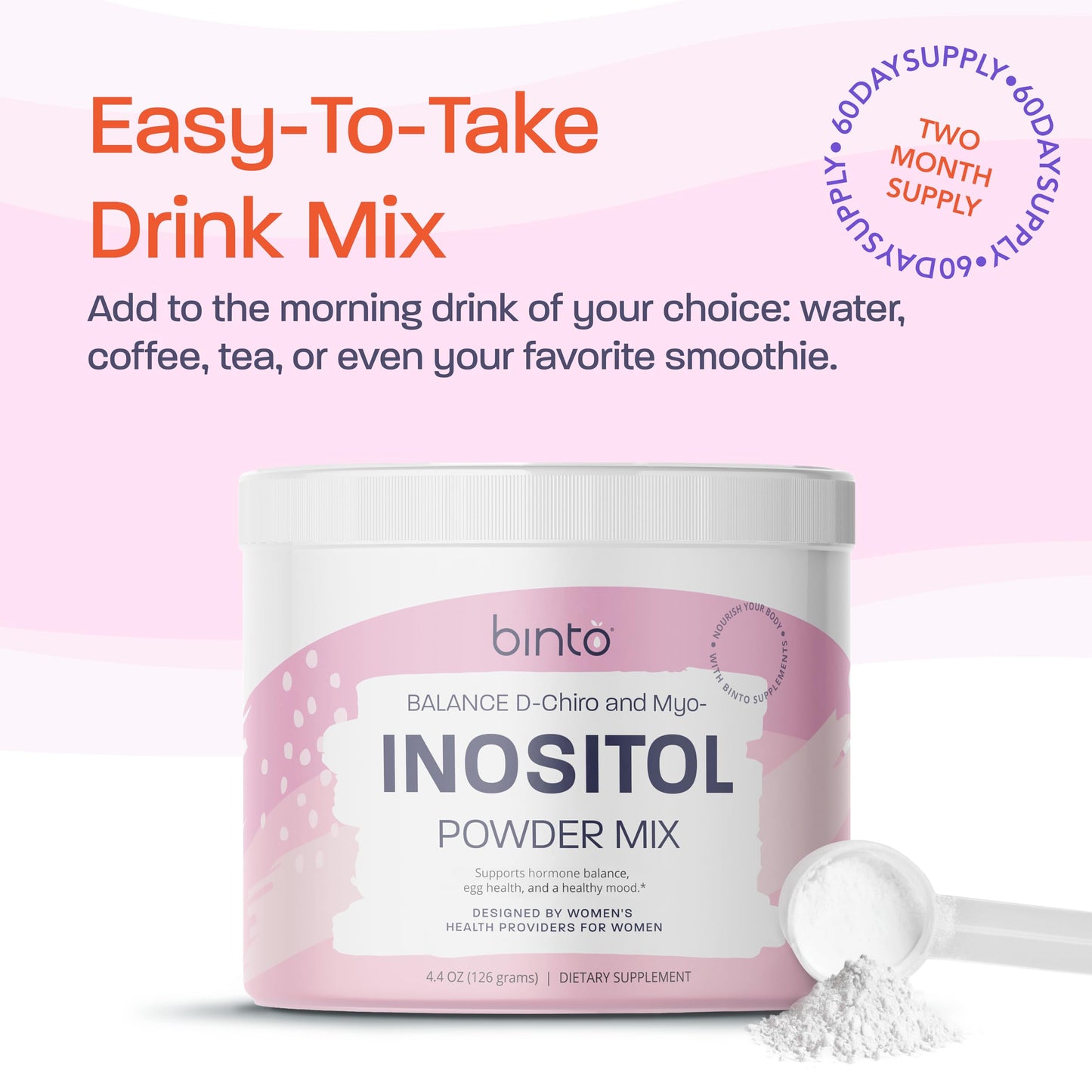 Binto Inositol Powder Mix | 60-Day Supply | 40:1 Ratio of Myo and D-Chiro Inositol | Hormone Balance and Ovulation Support | Preservative Free