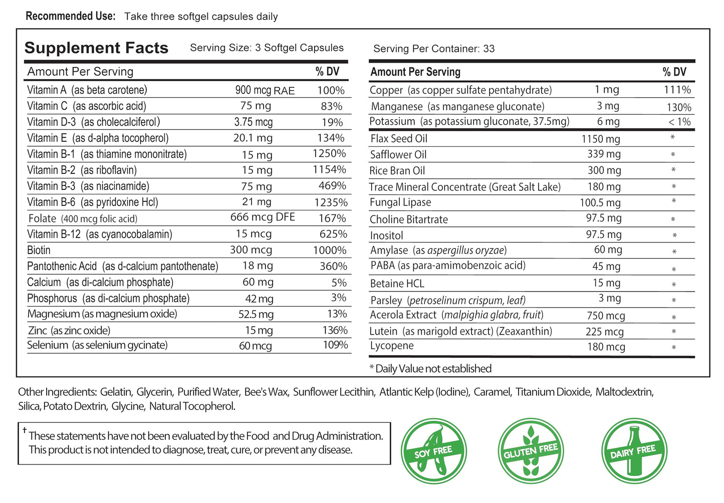 Bio-35 100ct Iron Gluten & Soy-Free | Omega 3-6-9, Minerals & B-Vitamins