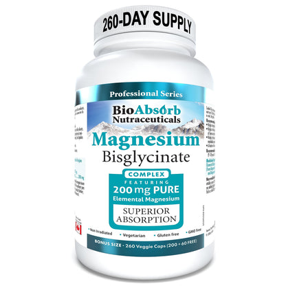 Bio Absorb Magnesium Glycinate/Bisglycinate – 200 mg Chelated Magnesium per Capsule | 260 Vegan Capsules